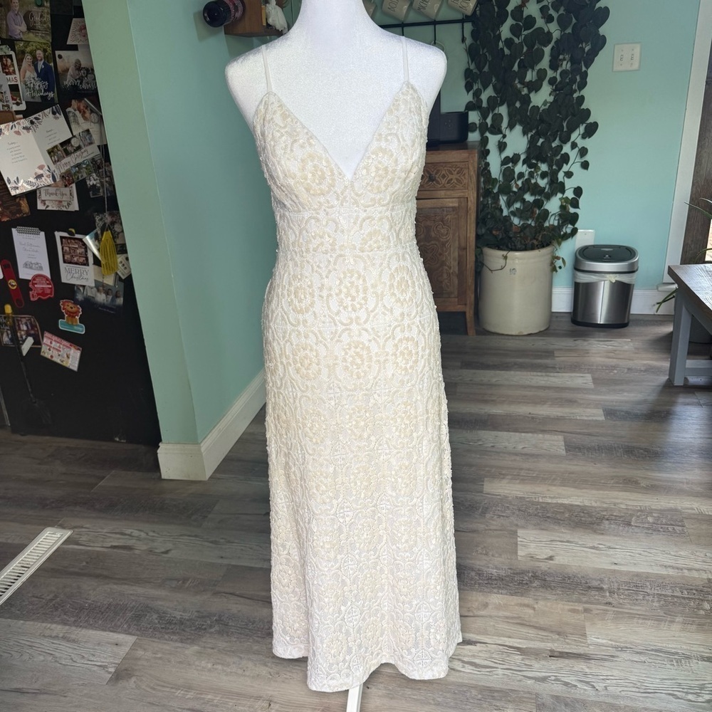 Express Limited Edition Sequin Lace V Neck Elegant Cream Lace Dress Bridal Sz 4
